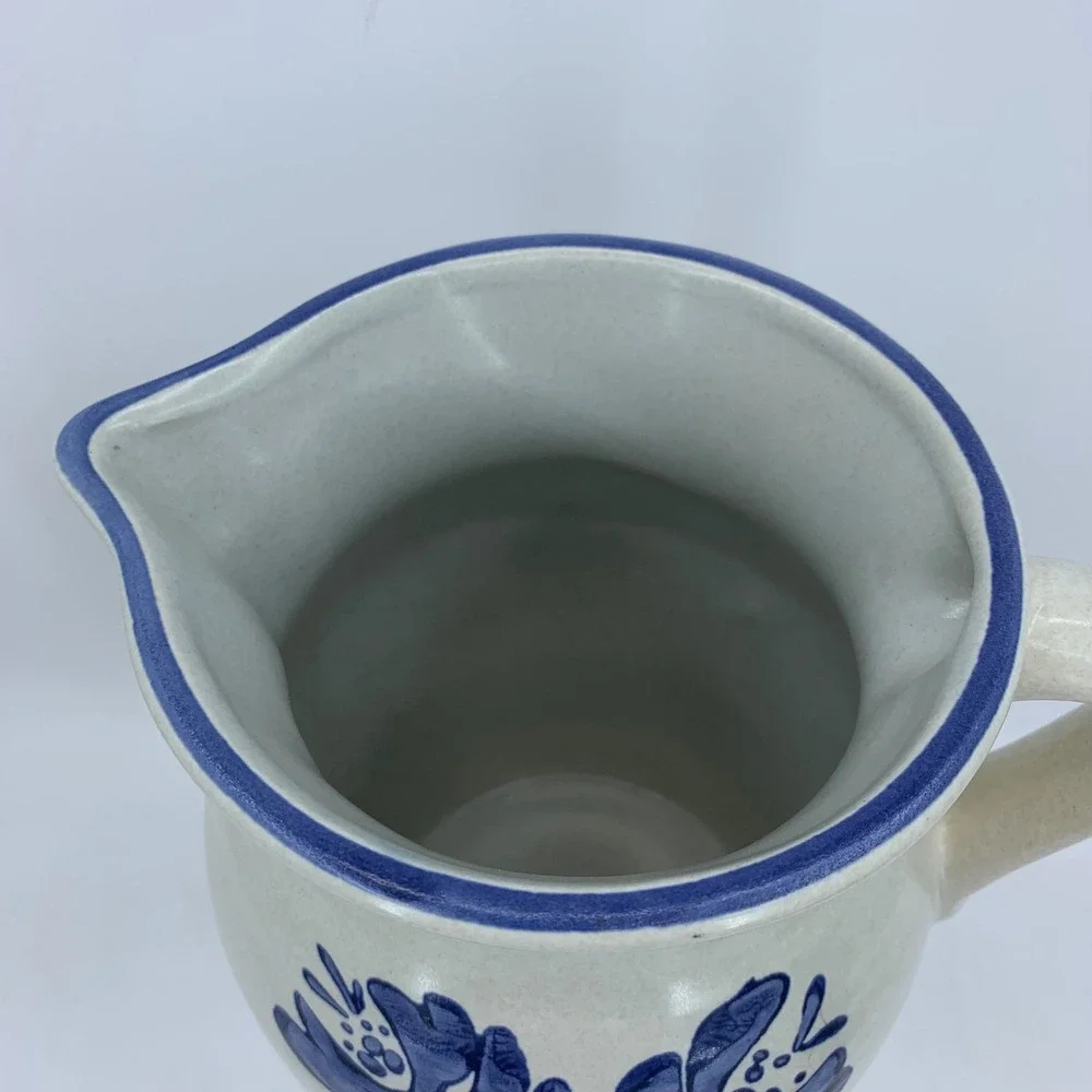 Blue Floral Stoneware Pitcher Country Cottage Folk Art Jug 9
